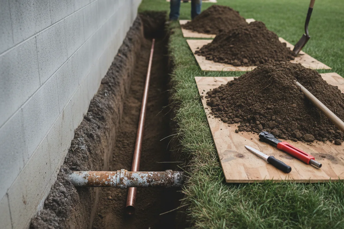 Excavated water line trench during Water Heater Repair in Hardin